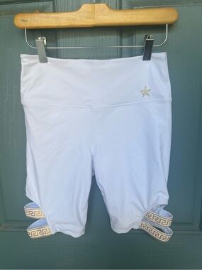 Rebel Athletics Women's White Athletic Shorts with Gold Greek Key Detail